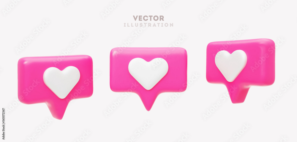 3d vector illustration with like icons in different dimension . Valentine's day romantic icons