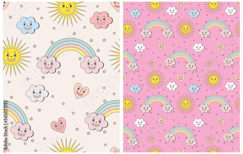 Colorful Groovy Cartoon Style Seamless Vector Patterns with Smiling Cloud, Heart, Rainbow, Sun and Stars on a Light Pink and Beige Background. Baby Girls' Party Print ideal for Fabric, Wrapping Paper.
