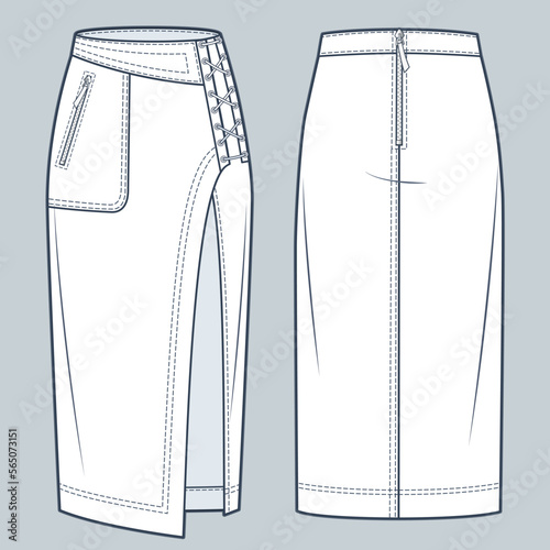 Asymmetric Denim Skirt technical fashion illustration. Midi Skirt fashion flat technical drawing template, zip up, lace-up, pocket, front slit, front and back view, white, women CAD mockup.