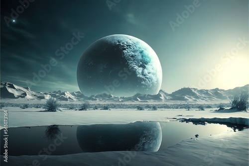 Desert landscape of cold planet  mountain landscape  snow. Fantasy cold landscape. AI