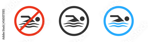 Forbidden swimming icon in circle. Warning symbol. Hazard, seaside sign. No swimming concept. Outline, flat, and colored style. Flat design. Vector illustration.