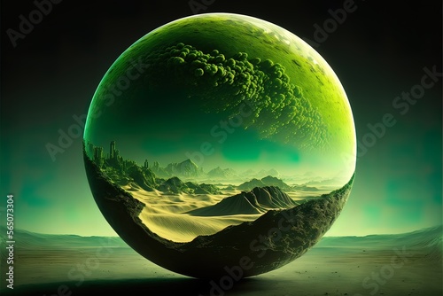 Planet over desert landscape  green neon  desert. AI
