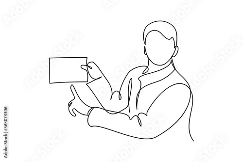 Man pointing at blank paper sheet. Continuous line art drawing style. Person holding document at one hand and pointing on it with another. Black linear sketch isolated on white background