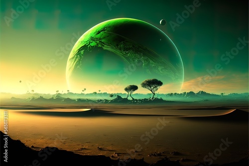 Planet over desert landscape  green neon  desert. AI