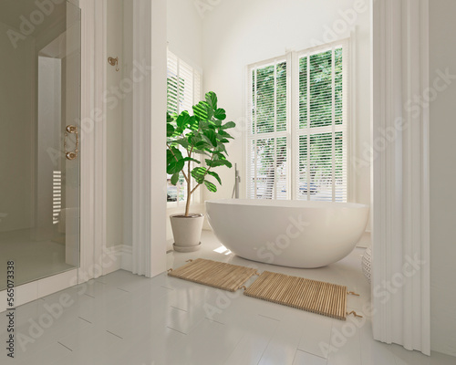 Modern bathroom interior with wooden decor in eco style. 3D Render 