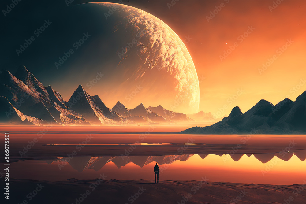 Fototapeta premium Planet over the desert, sunset, red planet. AI