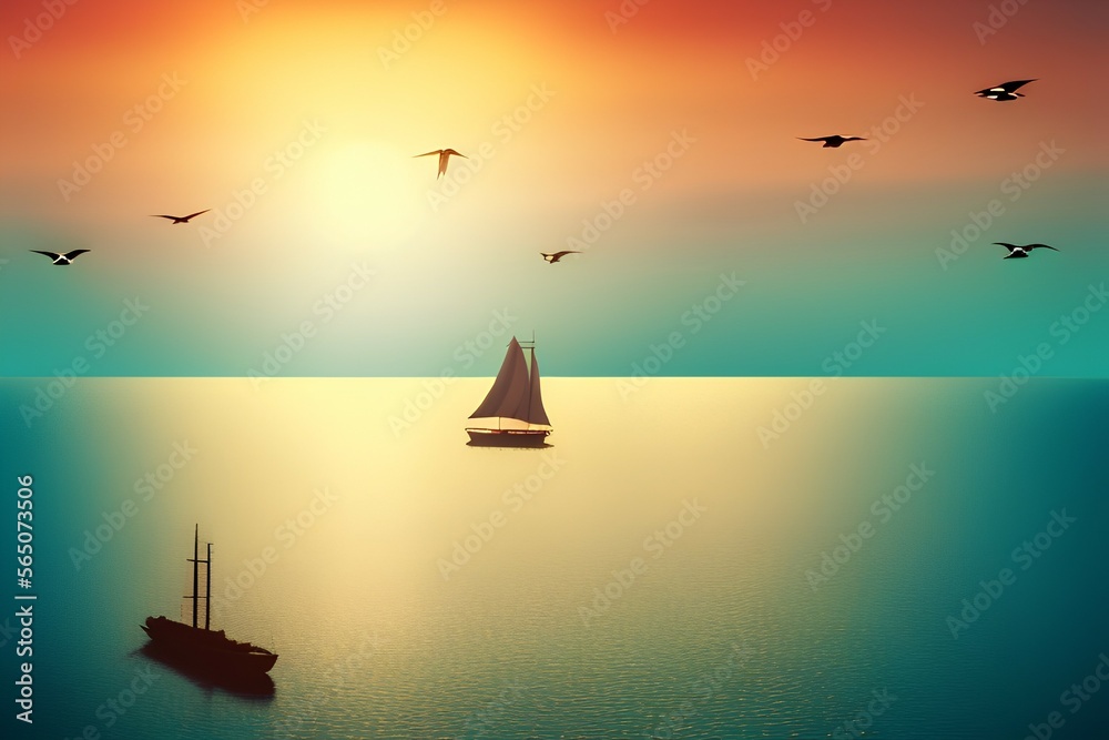 Naklejka premium A boat silhouette is floating on a calm sea and seagulls are flying on twilight sky with sunset sun background - generative ai