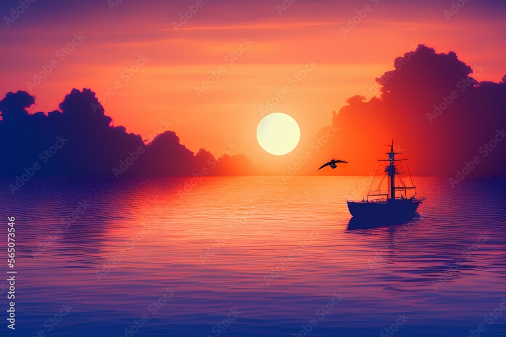 A boat silhouette is floating on a calm sea and seagulls are flying on twilight sky with sunset sun background - generative ai