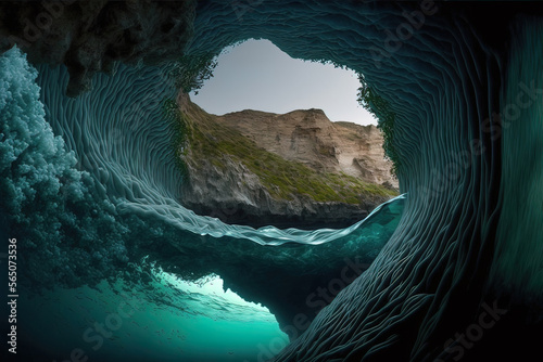 Seascape, gorge flooded with water. Sea wave. Underwater cave at the bottom of the ocean. AI