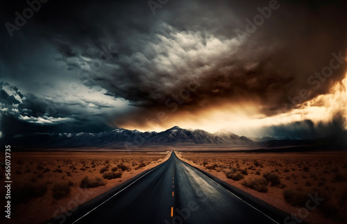 Lonely road heading out to horizon, moody storm clouds over mountains. Generative AI © KrakFox