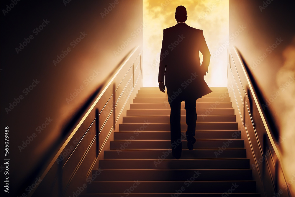 Ambitious business man stand on stairs to meet incoming challenges and business opportunity. The high stair represents career path success, future planning and business competitions.