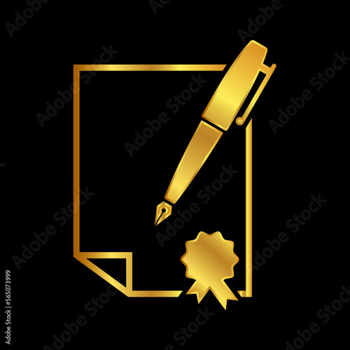 gold pen vector logo template, write icon in gold color 