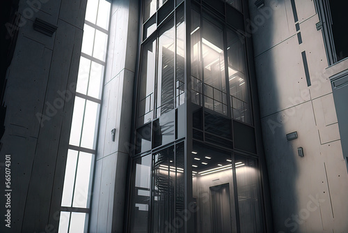 Hi-tech architecture  high-rise concrete building with a glass elevator. AI