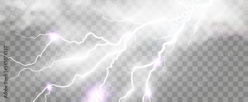 Vector image of realistic lightning. Flash of thunder on a transparent background.