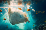 Plastic bags and other trash floats in water. Ocean plastic pollution concept. Generative AI