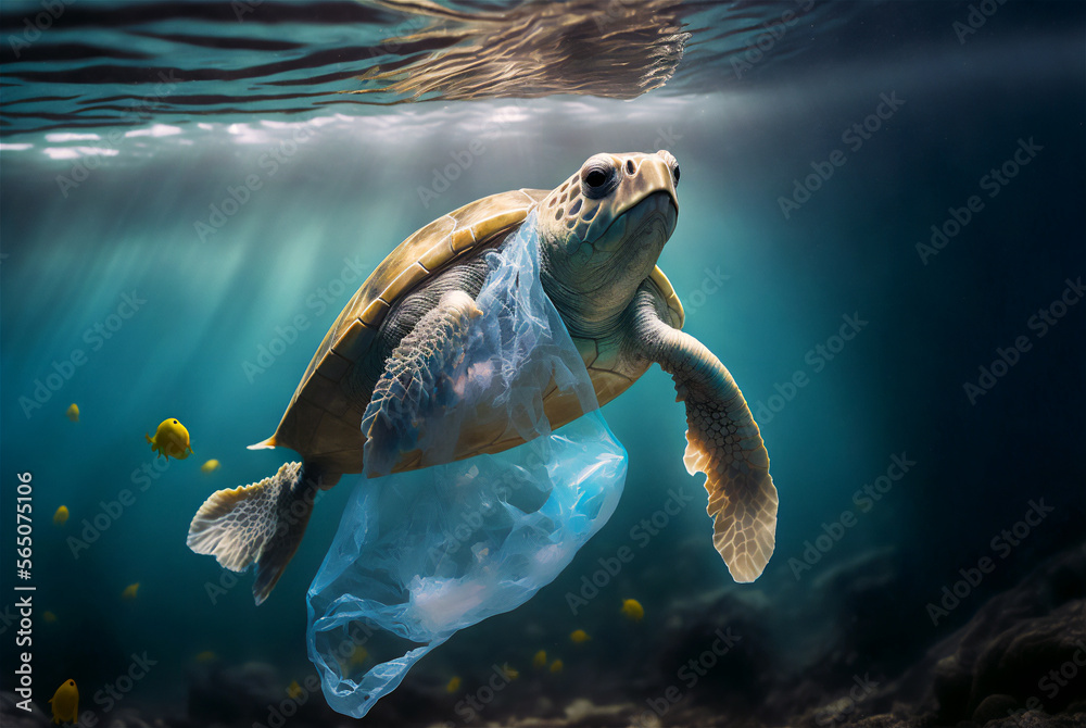 Obraz premium Turtle with a plastic bag. Ocean plastic pollution concept. Generative AI