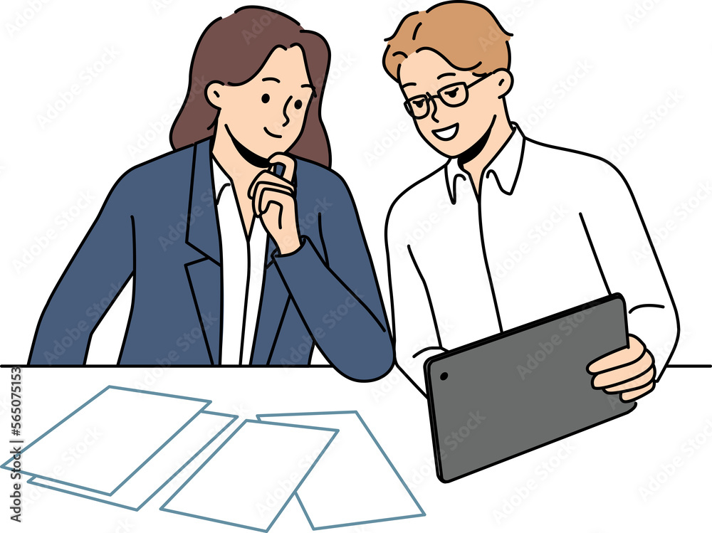 Smiling businesspeople cooperate using tablet Smiling businesspeople cooperate using tablet