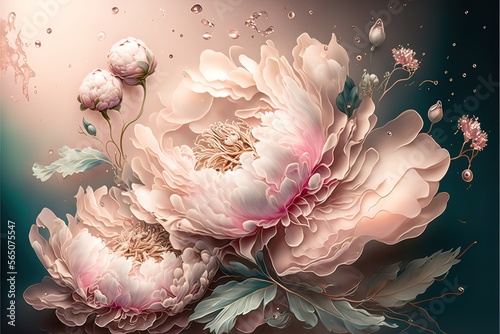 Fototapeta Naklejka Na Ścianę i Meble -  Delicate light peony flowers, a bouquet of peonies with elements of gold. AI