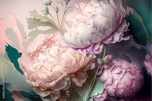 Fototapeta Naklejka Na Ścianę i Meble -  Delicate light peony flowers, a bouquet of peonies with elements of gold. AI