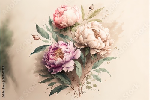 Fototapeta Naklejka Na Ścianę i Meble -  Delicate light peony flowers in the style of watercolor paints. AI