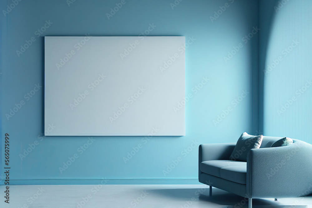 Blue minimalistic simple room, mock up, Generative AI