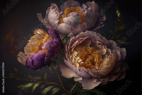 Fototapeta Naklejka Na Ścianę i Meble -  Purple fantasy peonies with gold and magic elements. Luxurious purple flowers. AI