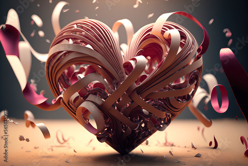  Heart made of weaven ribbons, romantic background. Valentine's day tender backdrop. Generative AI photo