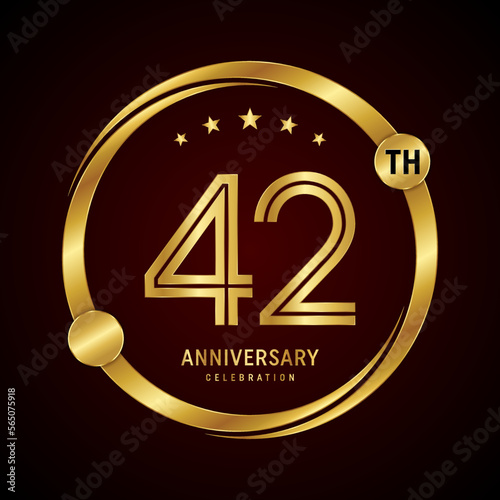 42th anniversary logo design with ring and golden font. Logo Vector Template Illustration photo