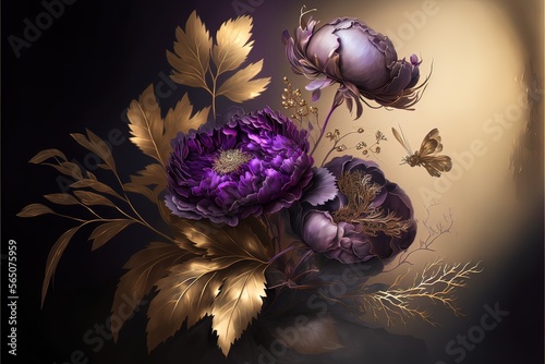 Fototapeta Naklejka Na Ścianę i Meble -  Purple fantasy peonies with gold and magic elements. Luxurious purple flowers. AI