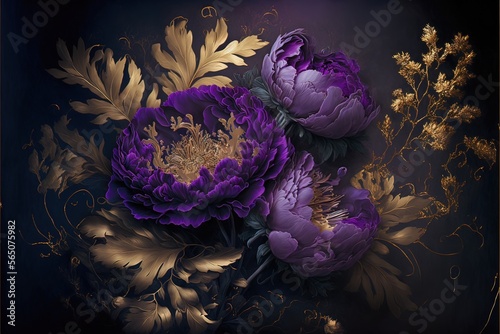 Fototapeta Naklejka Na Ścianę i Meble -  Purple fantasy peonies with gold and magic elements. Luxurious purple flowers. AI