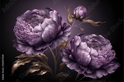 Fototapeta Naklejka Na Ścianę i Meble -  Purple fantasy peonies with gold and magic elements. Luxurious purple flowers. AI