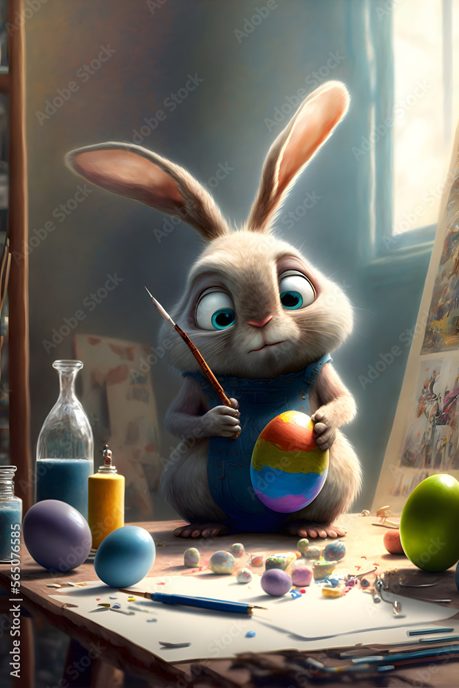 Ilustrace „Cute animated Easter bunny painting Easter eggs.“ ze služby Stock