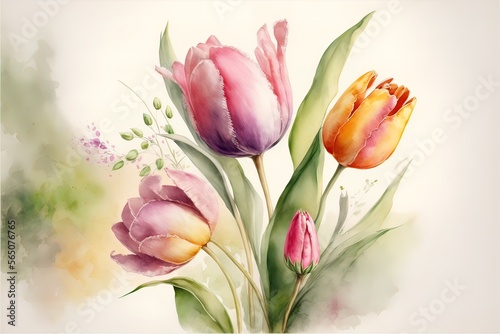 Spring tulips in watercolor style. Luxurious background for postcards, delicate flowers. AI #565076765