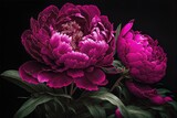 Spring magenta peonies. Luxurious delicate flowers on a dark background. AI