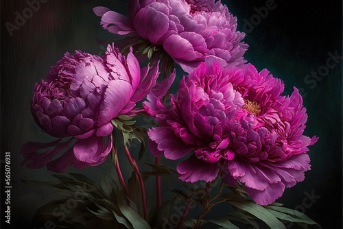 Fototapeta Naklejka Na Ścianę i Meble -  Spring magenta peonies. Luxurious delicate flowers on a dark background. AI