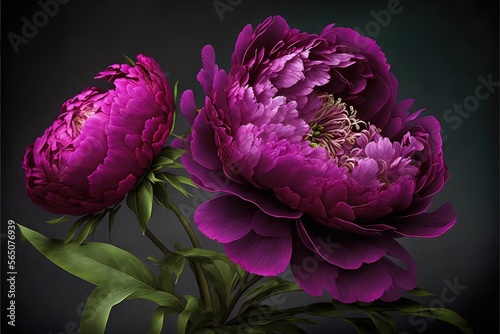 Fototapeta Naklejka Na Ścianę i Meble -  Spring magenta peonies. Luxurious delicate flowers on a dark background. AI