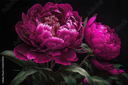 Fototapeta Naklejka Na Ścianę i Meble -  Spring magenta peonies. Luxurious delicate flowers on a dark background. AI