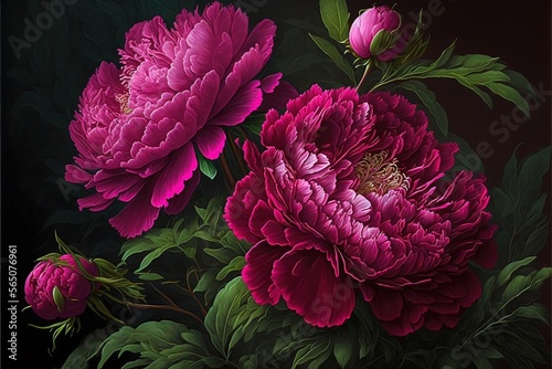 Fototapeta Naklejka Na Ścianę i Meble -  Spring magenta peonies. Luxurious delicate flowers on a dark background. AI
