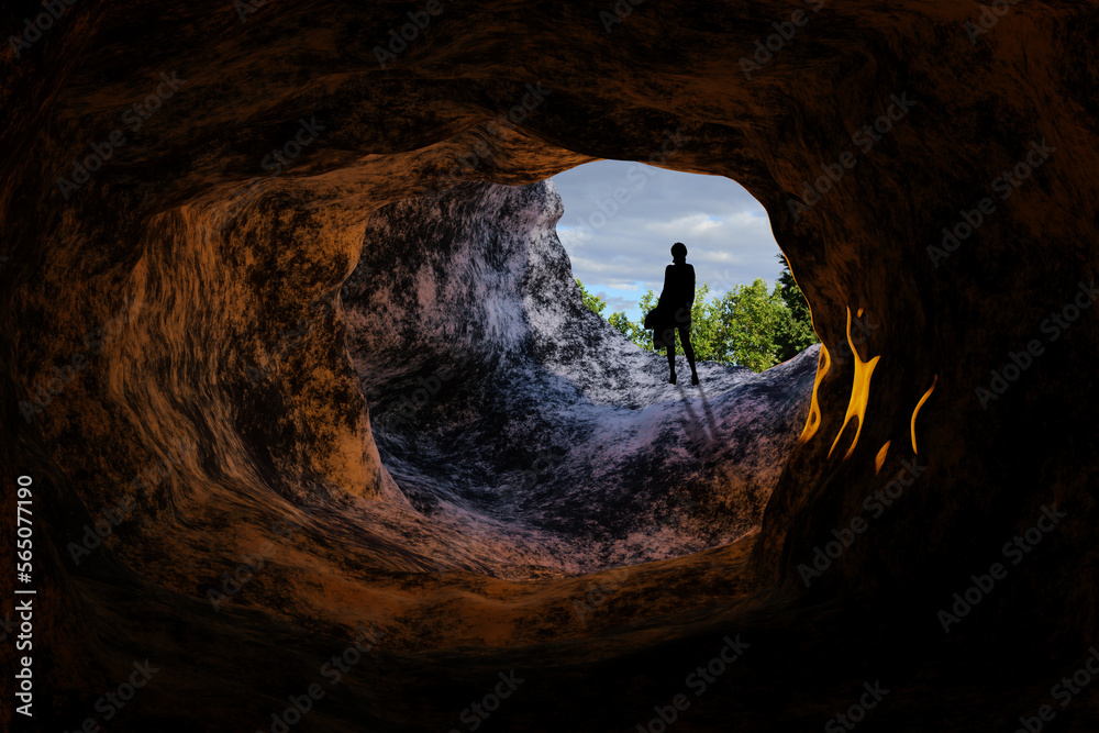 Silhouette of a woman at a cave entrance. 3D Render