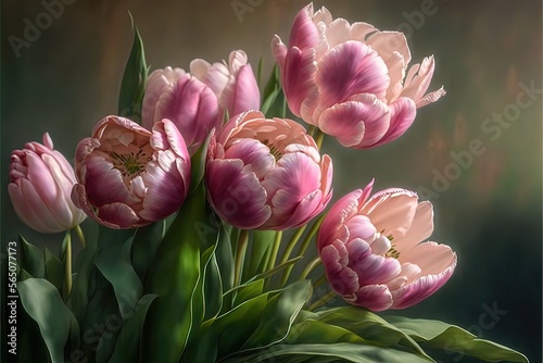 Delicate pink tulips in a flower bed in the garden. AI #565077173