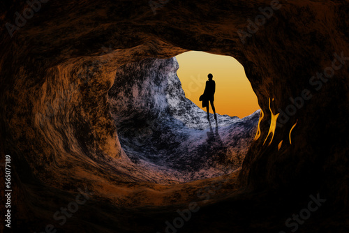 Silhouette of a woman at a cave entrance on yellow background. 3D Render