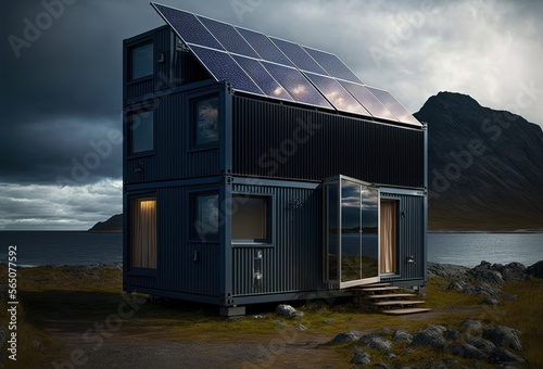 modern industry exterior style shipping container house  has solar panel roof  beautiful nature landscape  idea for sustainability for environmental preservation Generative Ai