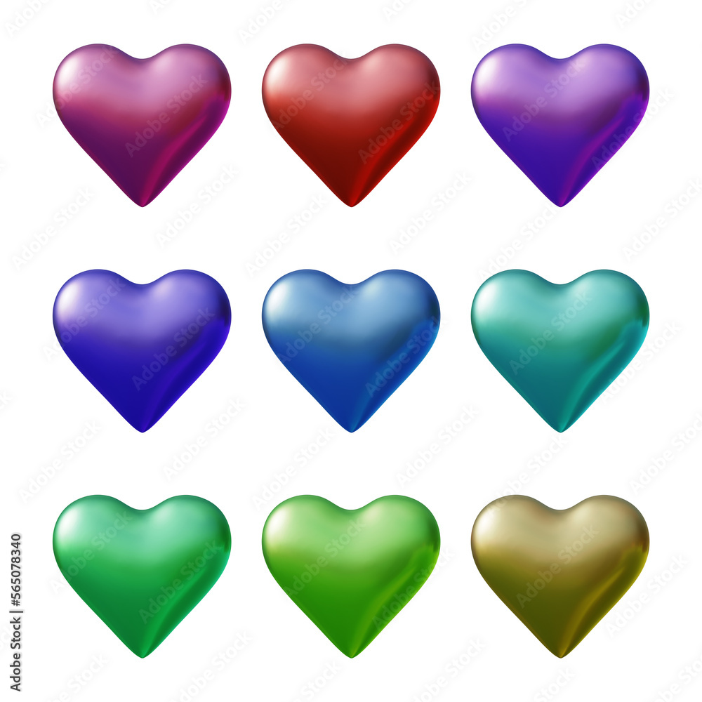 Set of heart icons or love symbol shapes in 3d rendering Set of heart icons or love symbol shapes in 3d rendering
