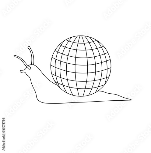 Vector isolated one single crawling disco snail with disco ball shell side view colorless black and white contour line easy drawing