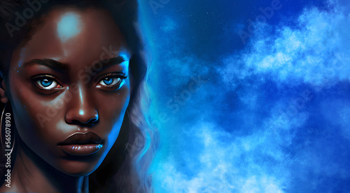 The face of an attractive black woman with piercing blue eyes against a cloudy nebula background. Generative AI.