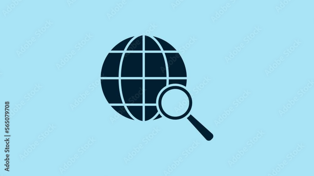 Blue Magnifying glass with globe icon isolated on blue background. Analyzing the world. Global search sign. 4K Video motion graphic animation Blue Magnifying glass with globe icon isolated on blue background. Analyzing the world. Global search sign. 4K Video motion graphic animation