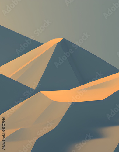 Illustration of a mountain landscape in low poly style  made with generative AI technology. Abstract and simplified mountain area.