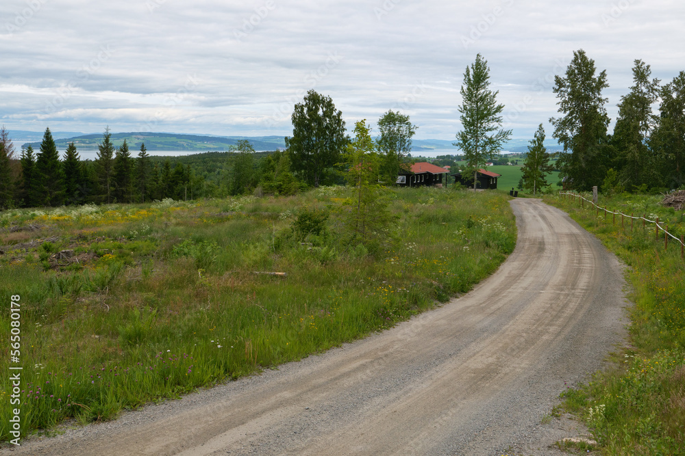 Typische schmale Straße in Norwegen auf dem Pilgerweg St. Olavsweg, Gudbrandsdalsleden, Pilegrimsleden. Diese Schotterstraße liegt am Mjøsa kurz vor Hamar, Provinz Innlandet.