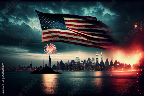 An american flag and fireworks. New york city on the background