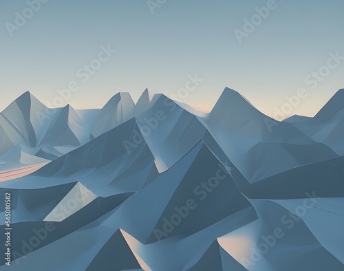 Illustration of a mountain landscape in low poly style, made with generative AI technology. Abstract and simplified mountain area.